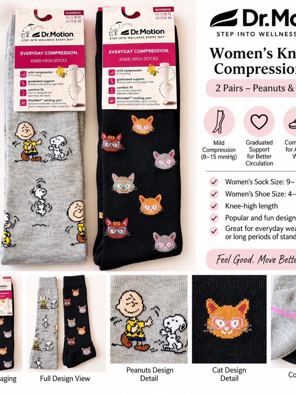 Women's Knee-High Compression Socks - Peanuts & Cat Designs (Gray, Black)
